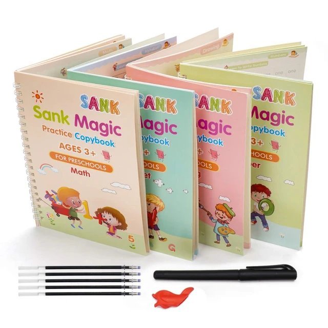 Pack of 4 Reusable Sank Magic Books for kids with Magic Pen - Educational and Learning Gift