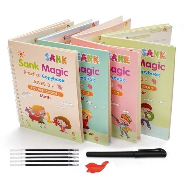 Kids Magic Practice Book Set of 4-Kids learning for Home and school with 10 refill pens - Educational and Learning Gift