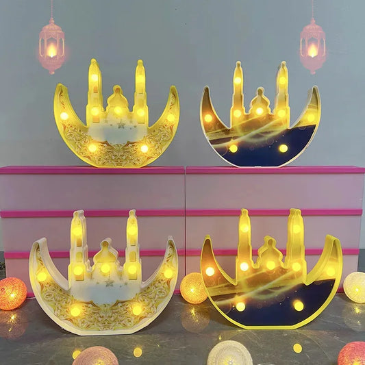 Ramadan Decor Ornament Moon & Mosque Blue & Golden LED Hanging Light for Ramzan Mubarak/EID Mubarak Decoration for Home
