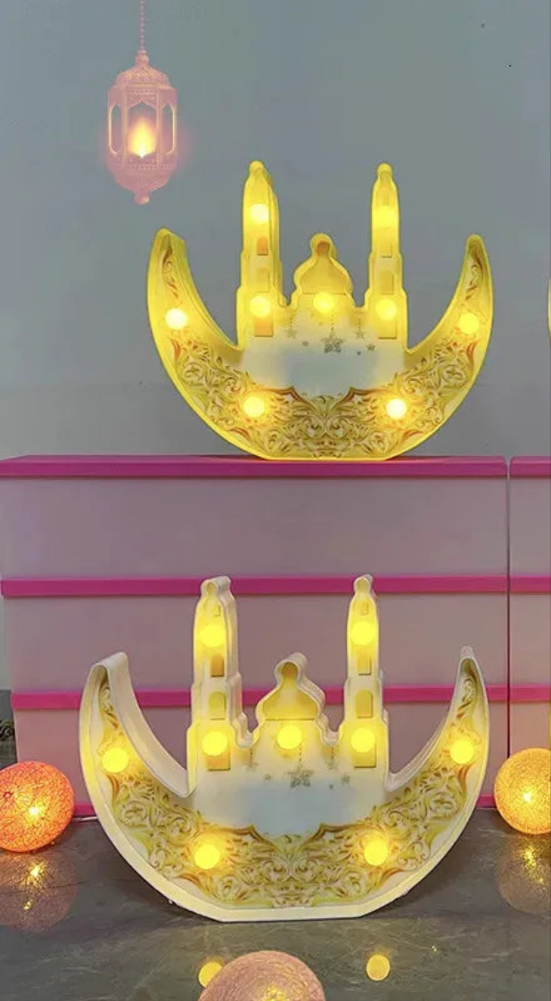 Ramadan Decor Ornament Moon & Mosque LED Blue and Golden Hanging Light for Ramzan Mubarak/EID Mubarak Decoration for Home