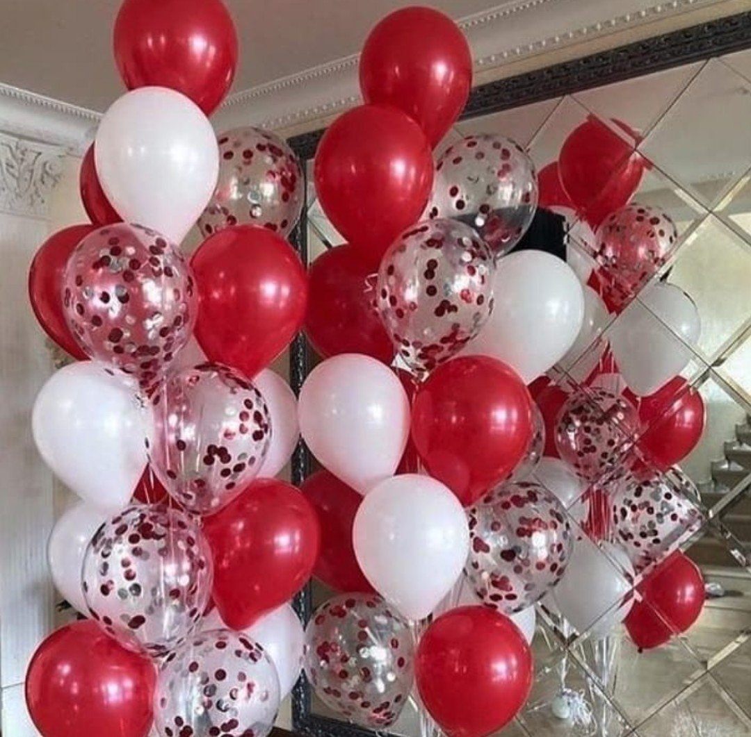 White And Red Confetti And Latex balloons And Ribbon Roll package