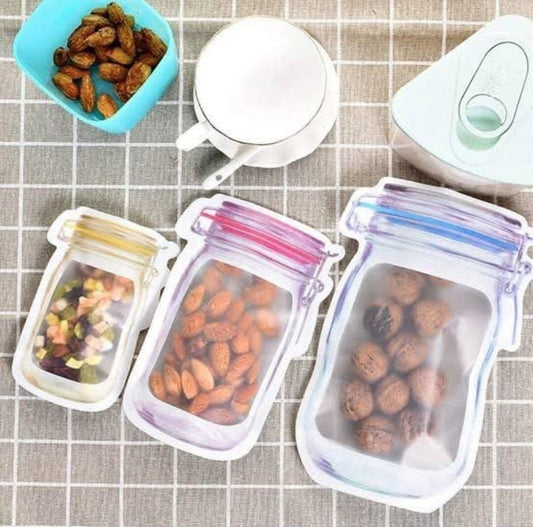 Set of 3 - Reusable Transparent Mason Jar Pattern Zipper Airtight Seal Bags Reusable Portable Food Saver Storage Bags for Travel Picnic Camping, Standup Zip Lock Seal Food Saver Leakproof Storage Bag