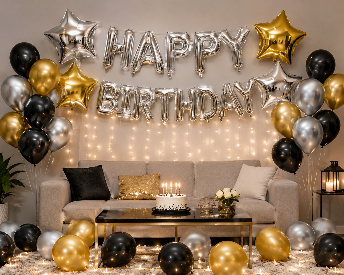 Happy Birthday Silver And Golden Balloon Deal