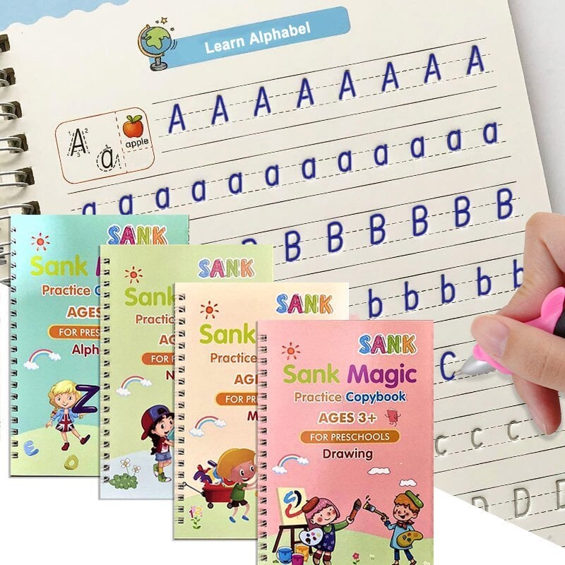 Pack of 4 Reusable Sank Magic Books for kids with Magic Pen - Educational and Learning Gift Buundle