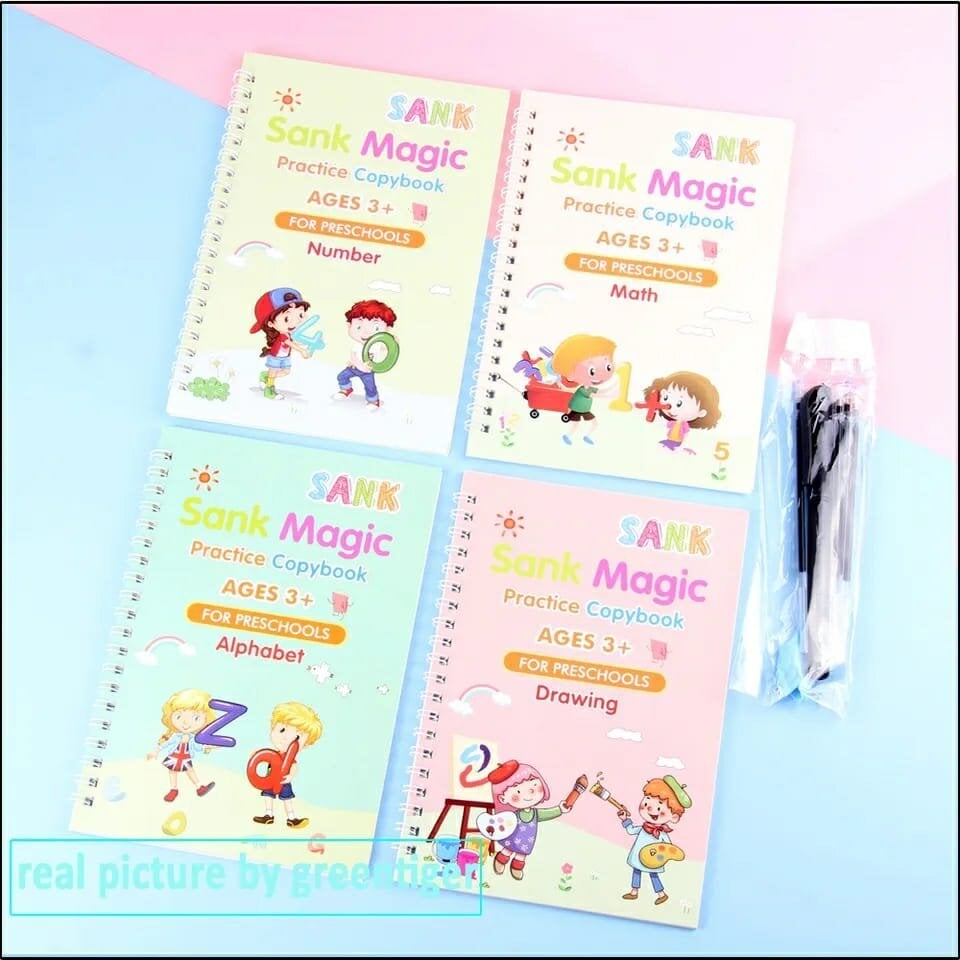 Pack of 4 Reusable Sank Magic Books for kids with Magic Pen - Educational and Learning Gift Buundle