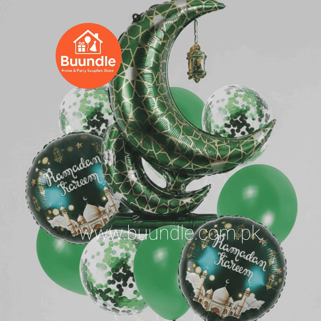 9 Piece Ramadan Decoration Kit Purple Green Moon Foil Balloons - Islamic