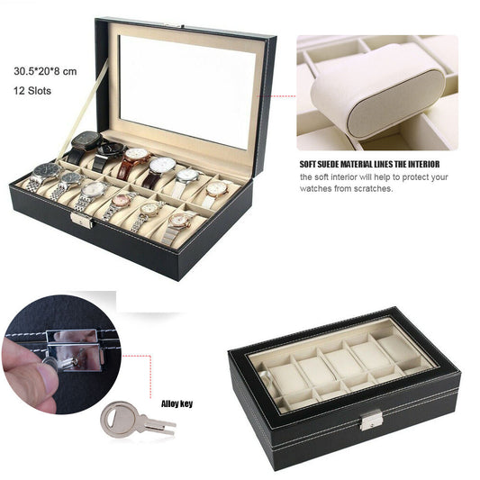 12 grid leather watch holder black