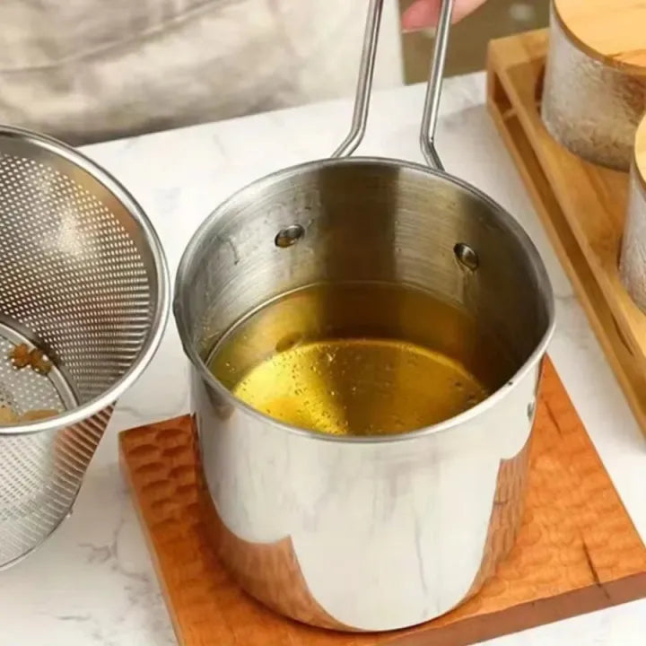 Deep Fryer Pot with Basket, Mini Deep Oil Fryer, 304 Stainless Steel Gadgets with Anti Scalding Silicone Handle, Fryer Pot for Home Tempura Chips Fries Fish Chicken