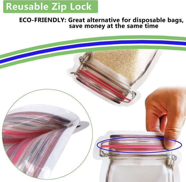 Set of 3 - Reusable Transparent Mason Jar Pattern Zipper Airtight Seal Bags Reusable Portable Food Saver Storage Bags for Travel Picnic Camping, Standup Zip Lock Seal Food Saver Leakproof Storage Bag