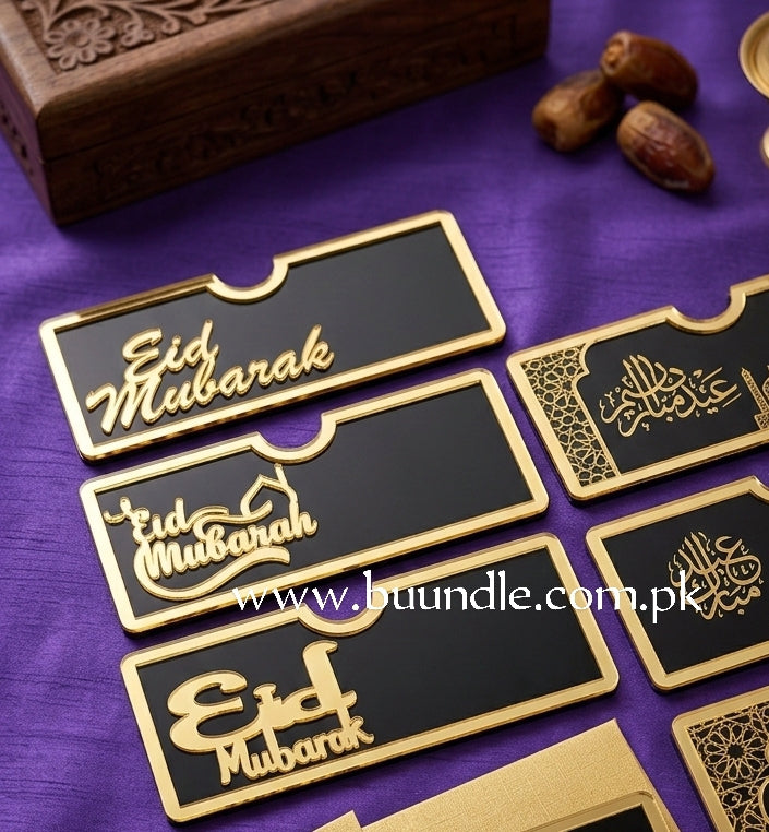 Pack of 2 Premium Black & Gold Acrylic Eid Mubarak Money Eidi Envelopes with Border