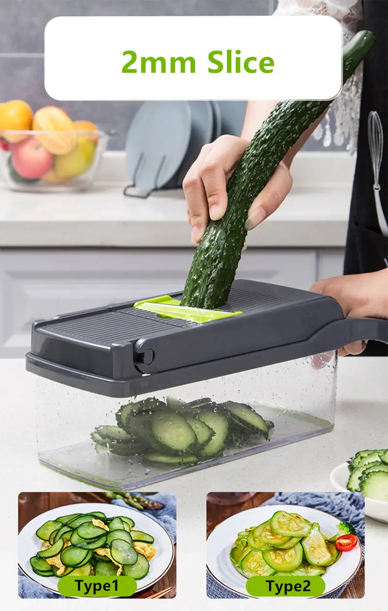 14-in-1 Manual Vegetable Chopper Slicer Dicer - Multifunctional Kitchen Tool for Onions, Potatoes, Tomatoes, Cucumbers, Carrots
