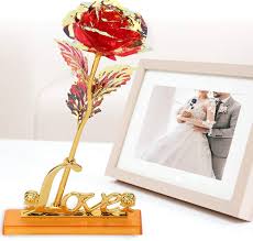 24K Aluminum Foil Plated Red Rose with Love Stand Packed in a box