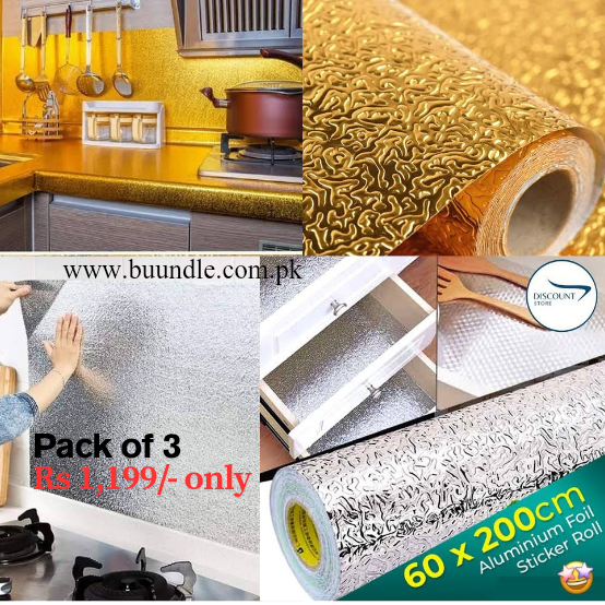 Pack of 3 Silver & Golden Self Adhesive Aluminium Foil Sticker Sheet Roll for Kitchen Size 60x200CM Size