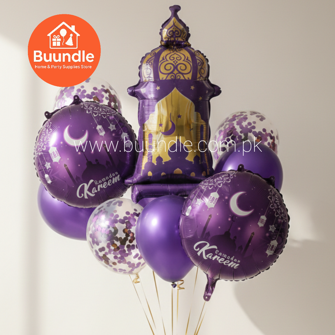 9 Piece Ramadan Decoration Kit Purple Green Mosque Foil Balloons - Islamic