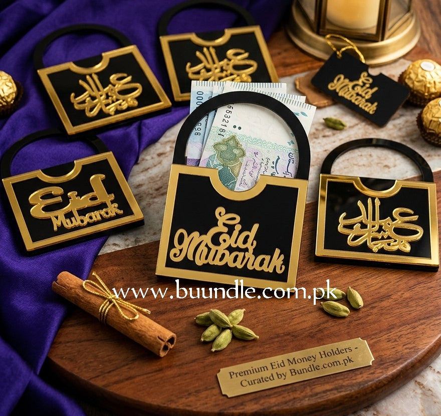 Pack of 3 Black & Gold Acrylic Mini Bag Eid Mubarak Money Eidi Envelopes