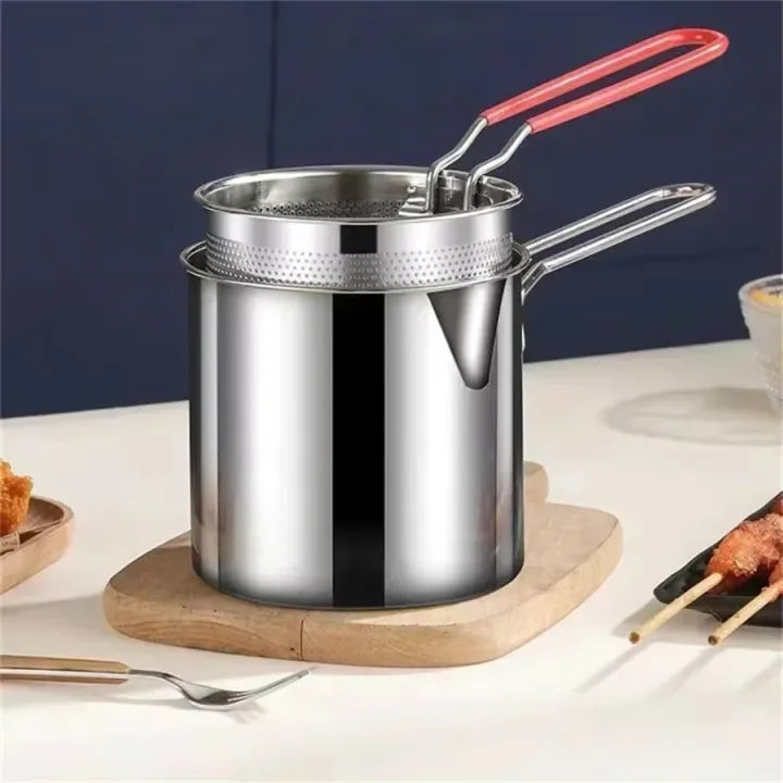 Deep Fryer Pot with Basket, Mini Deep Oil Fryer, 304 Stainless Steel Gadgets with Anti Scalding Silicone Handle, Fryer Pot for Home Tempura Chips Fries Fish Chicken