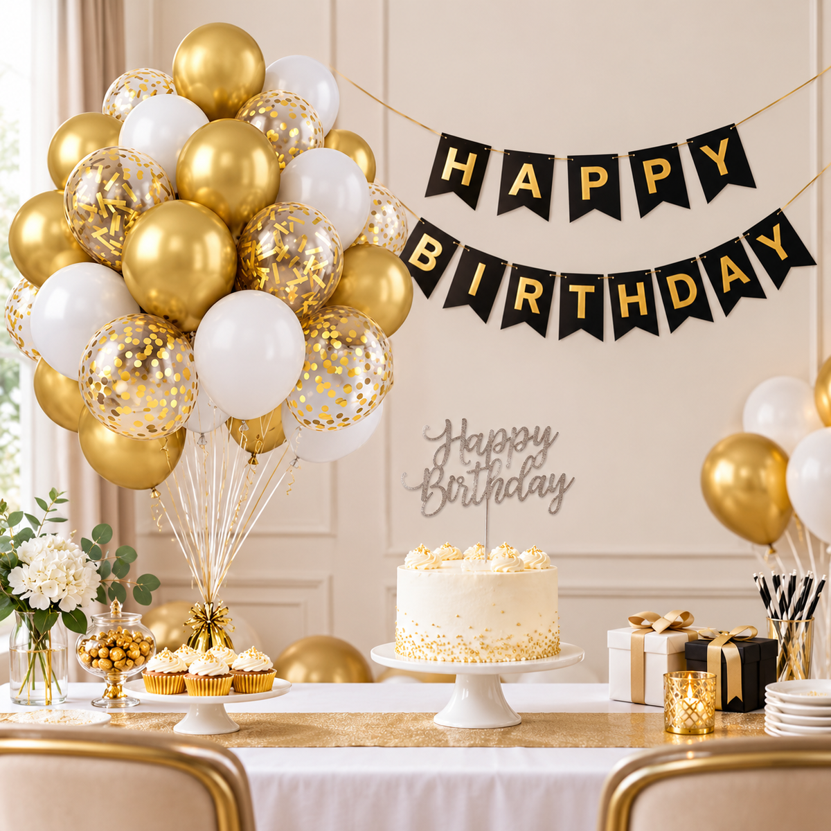 Birthday Decoration Combo – Cake Topper, Gold Balloons & Card Banner Set