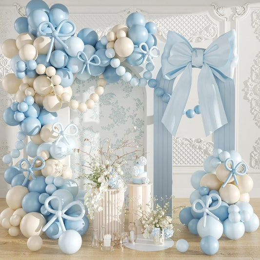 100pcs Pink/Blue Bow Ribbon Long Balloons, Pink/Blue & White Balloons Garland Theme Set For Bow Themed Party Decoration & Celebration