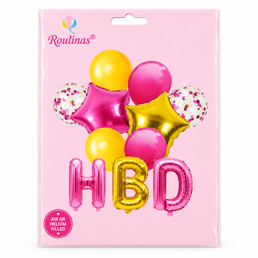 HBD Golden and Pink Birthday Balloons Set