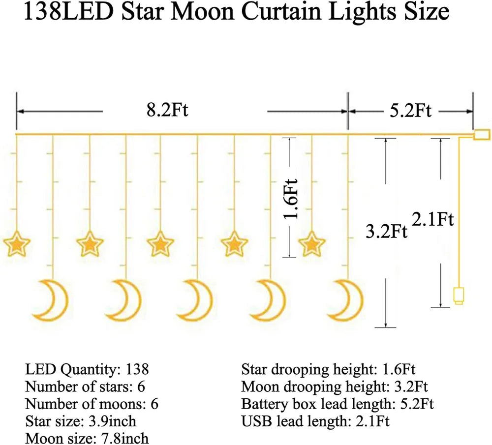 Crescent Moon & Stars LED Curtain Fairy Lights