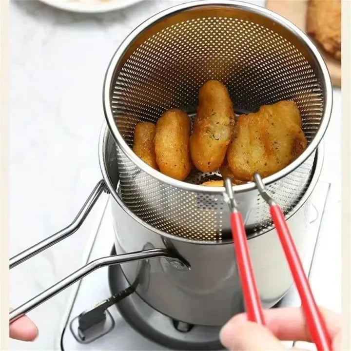 Deep Fryer Pot with Basket, Mini Deep Oil Fryer, 304 Stainless Steel Gadgets with Anti Scalding Silicone Handle, Fryer Pot for Home Tempura Chips Fries Fish Chicken