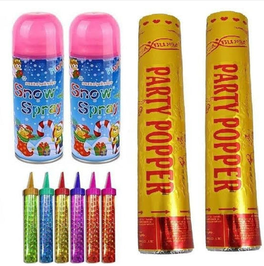 2 Snow Sprays, 2 Party Poppers, 6 Sparkling Candles