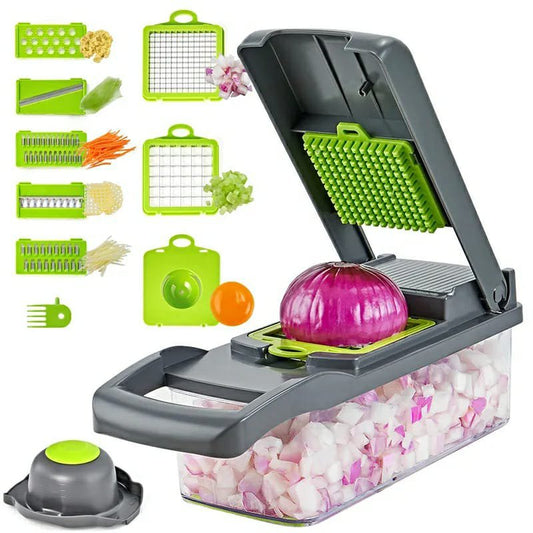 14-in-1 Manual Vegetable Chopper Slicer Dicer - Multifunctional Kitchen Tool for Onions, Potatoes, Tomatoes, Cucumbers, Carrots