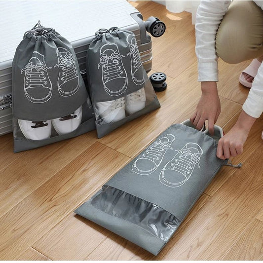 Travel Shoe Pouch, Grey Non Woven Fabric Dustproof Drawstring Bag, Breathable Storage Pouch With Visual Window, Portable Shoe Organizer Drawstring Bag
