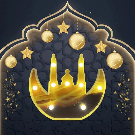 Ramadan Decor Ornament Moon & Mosque Blue & Golden LED Hanging Light for Ramzan Mubarak/EID Mubarak Decoration for Home