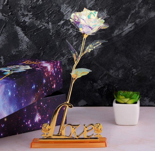 24K Aluminum Foil Plated Transparent Rose with Love Stand Packed in a box and gift bag