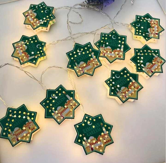 Green Star Shaped Ramadan Kareem Printed Metal  Led String Light