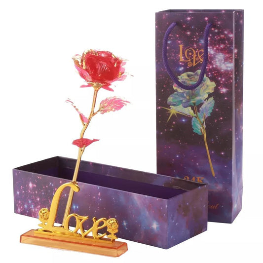24K Aluminum Foil Plated Red Rose with Love Stand Packed in a box and gift bag