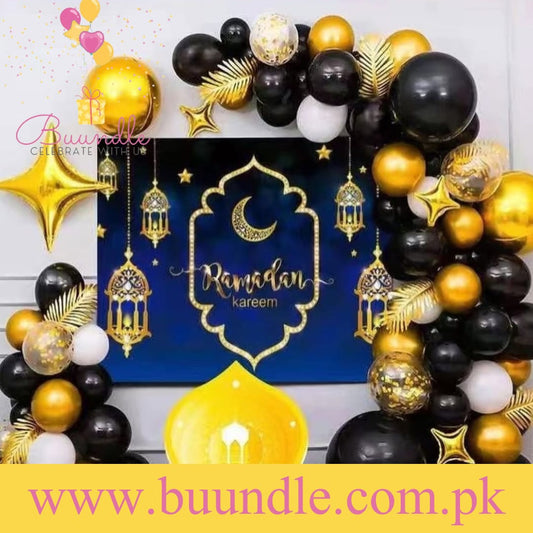 Blue Ramadan Kareem Poster with Golden & Black Theme Set for Ramadan Iftar Party Decoration and Celebration