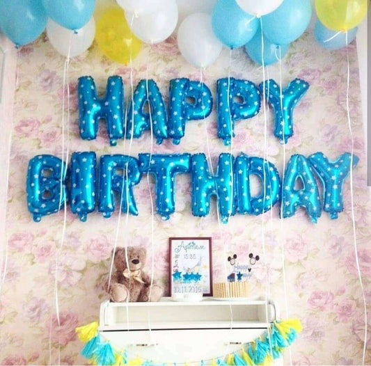 13 Letter Happy birthday Blue Foil Balloon Blue And Yellow Latex Balloons And Ribbon Roll Package