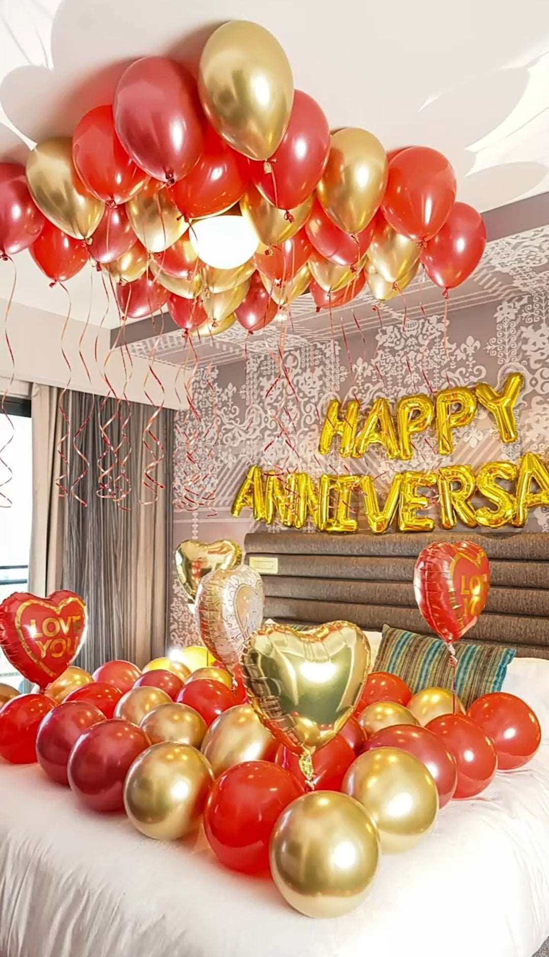 Happy Anniversary Decoration Package – Golden & Red Balloons Set for Romantic Celebration