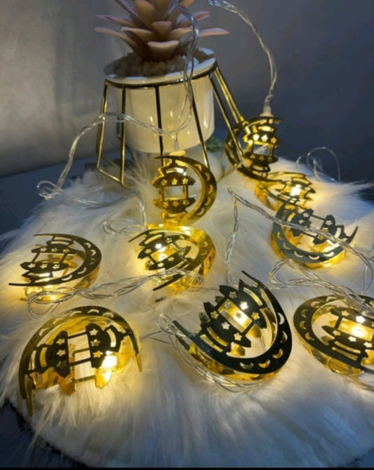 Golden Crescent With Star Shaped Metal LED String Lights For Ramadan Festival and Celebration