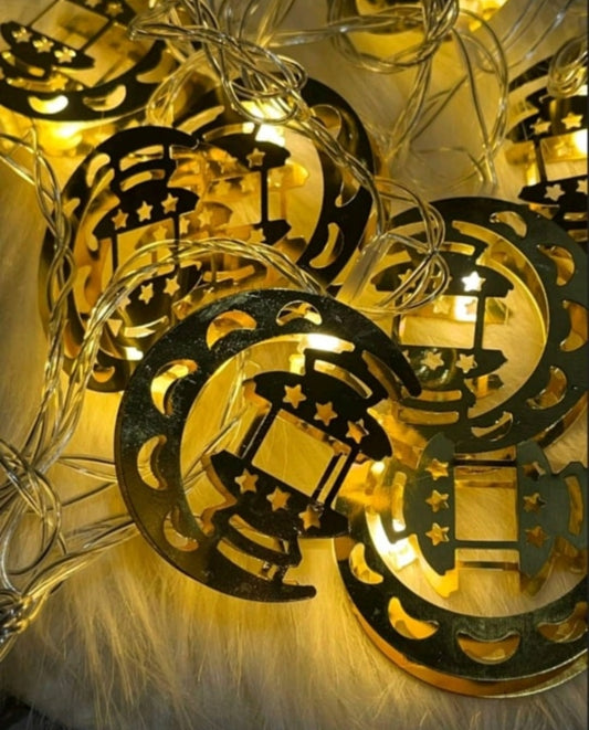 Golden Crescent With Star Shaped Metal LED String Lights For Ramadan Festival and Celebration
