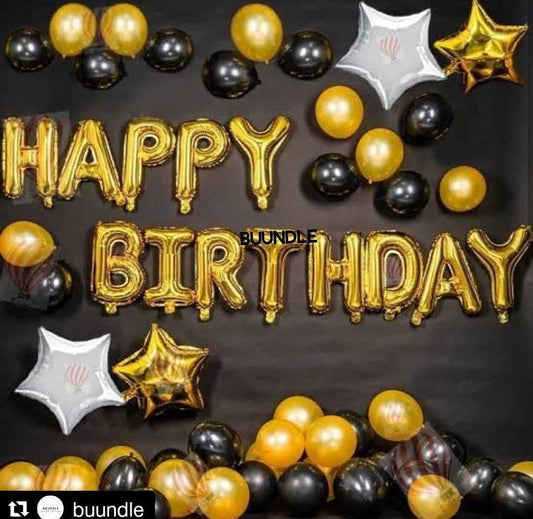 13 Letters "Happy birthday" Golden Foil Balloon, 2 Silver And Golden Star Foil Balloons And Black And Golden Latex Balloons Deal