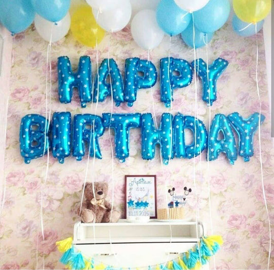 13 Letter Happy birthday Blue Foil Balloon Blue And Yellow Latex Balloons And Ribbon Roll Package
