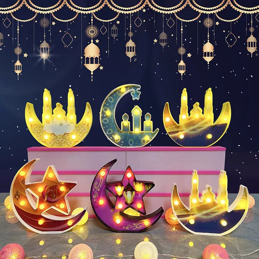Ramadan Decor Ornament Moon & Mosque LED Blue and Golden Hanging Light for Ramzan Mubarak/EID Mubarak Decoration for Home