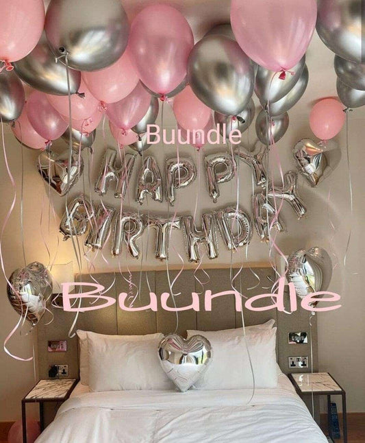 "Happy Birthday" Chrome Balloons Silver And Pink Package Buundle 