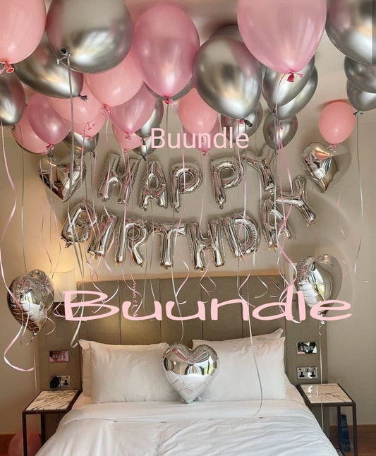 "Happy Birthday" Chrome Balloons Silver And Pink Package Buundle 