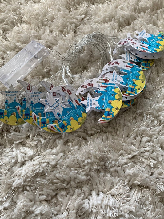 Moon Shaped Blue Printed Metal  Led String Light
