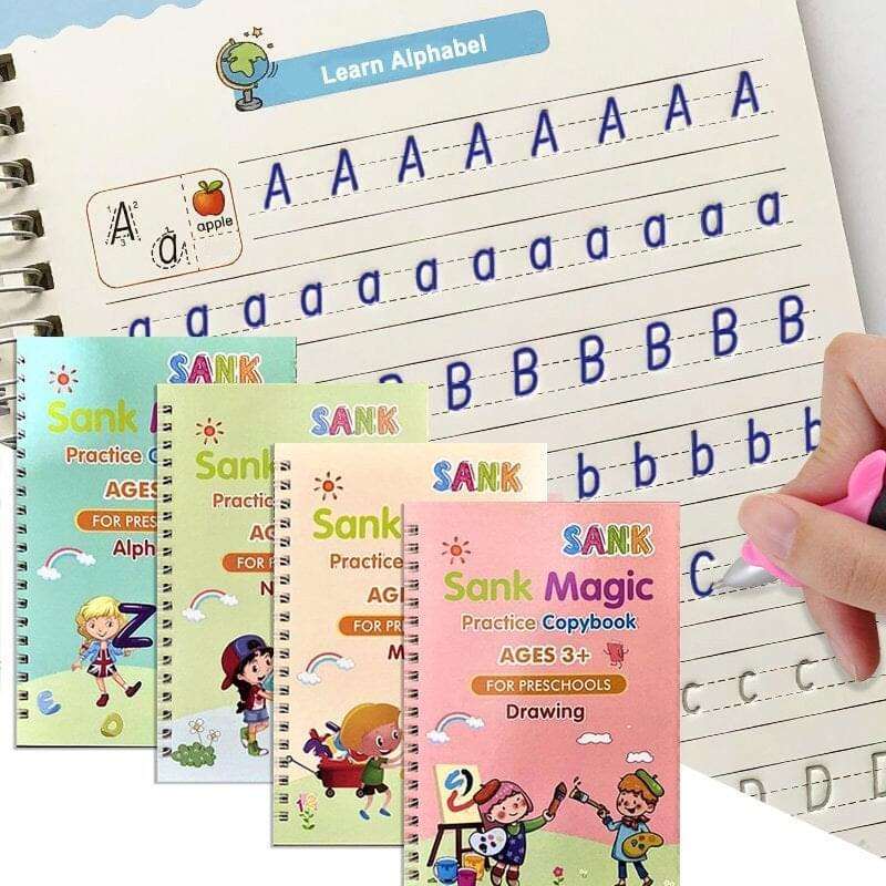 Pack of 4 Reusable Sank Magic Books for kids with Magic Pen - Educational and Learning Gift Buundle 