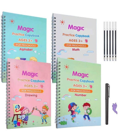 Pack of 4 Reusable Sank Magic Books for kids with Magic Pen - Educational and Learning Gift Buundle 