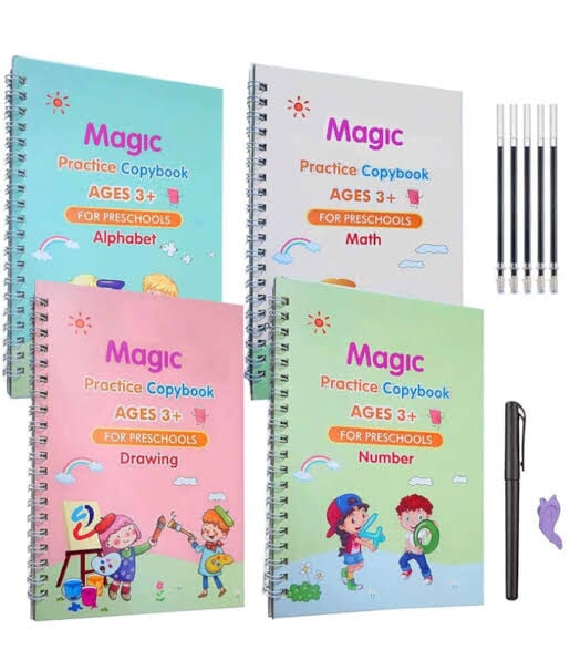 Pack of 4 Reusable Sank Magic Books for kids with Magic Pen - Educational and Learning Gift Buundle 