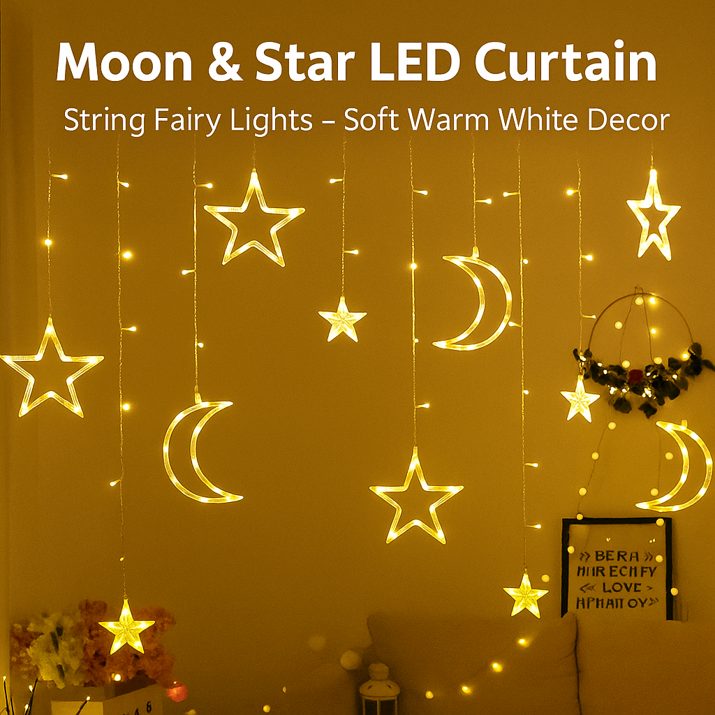 Moon & Star LED Curtain String Fairy Lights – Soft Warm White Decor (3 Moons, 3 Big Stars, 6 Small Stars)