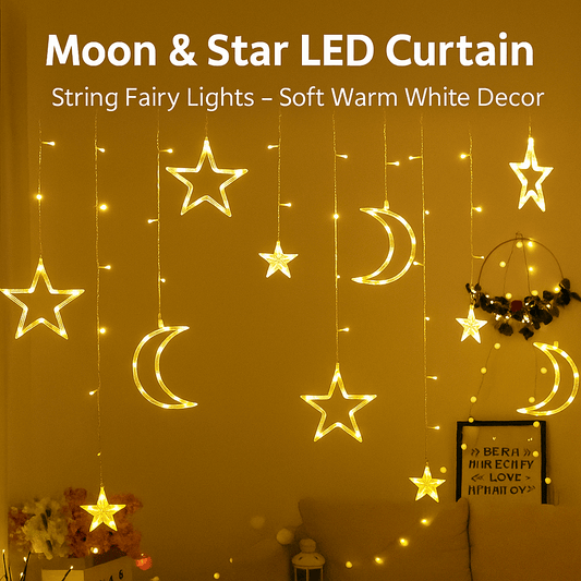 Moon & Star LED Curtain String Fairy Lights – Soft Warm White Decor (3 Moons, 3 Big Stars, 6 Small Stars)