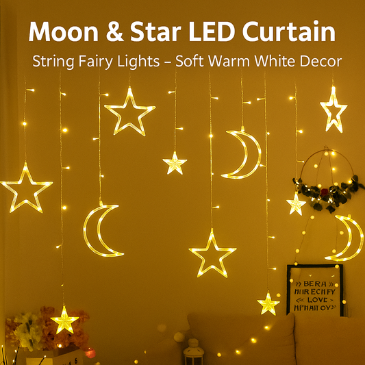 Moon & Star LED Curtain String Fairy Lights – Soft Warm White Decor