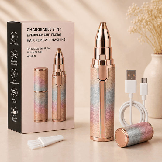 Electric Flawless Eyebrow Trimmer for Women – 2-in-1 Facial Hair Remover Shaver Kit with LED Light, USB Charging, Cleaning Brush & Precision Razor | Rose Gold Glitter